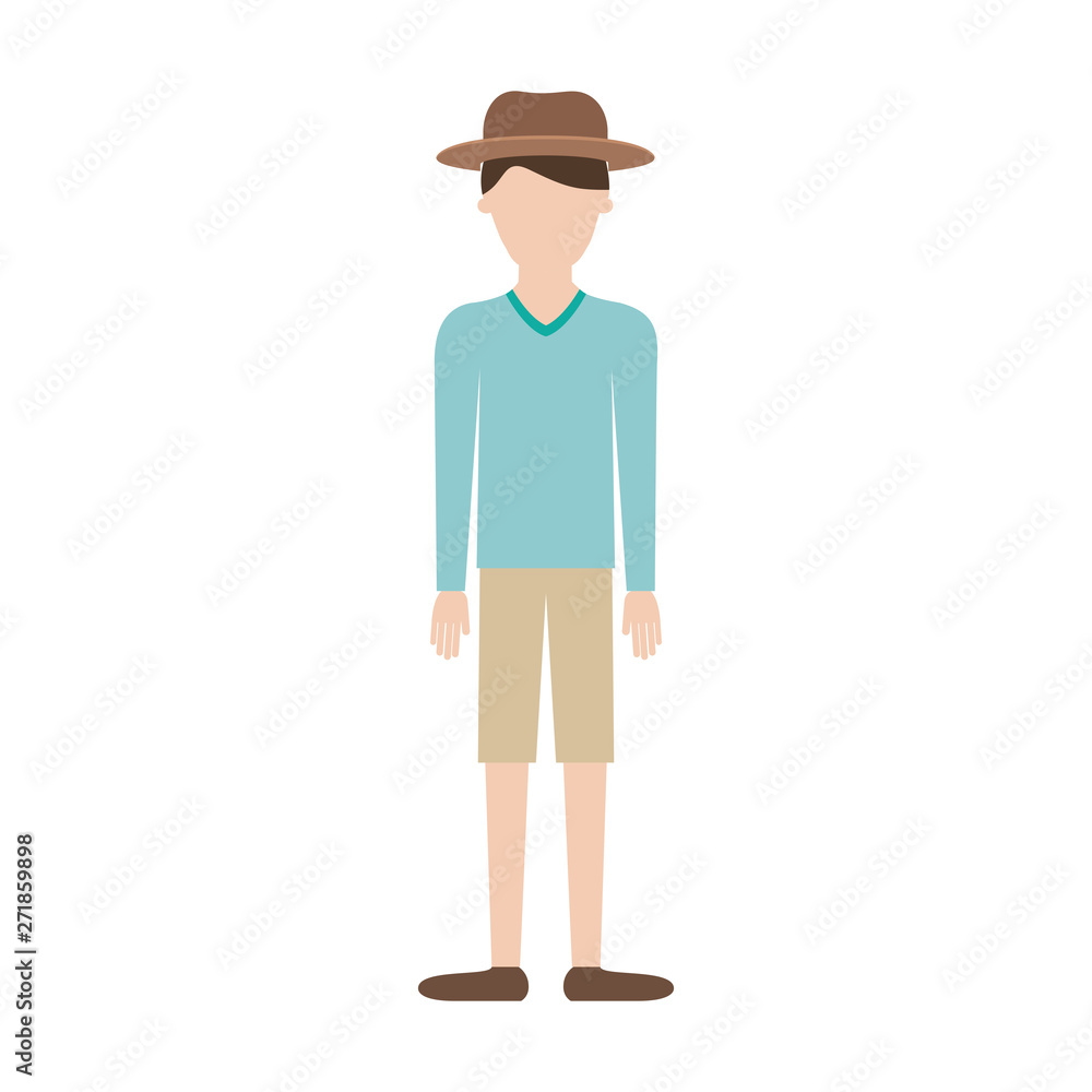faceless man with hat and sweater and short pants and shoes with short hair in colorful silhouette faceless man with hat and sweater and short pants and shoes with short hair in colorful silhouette