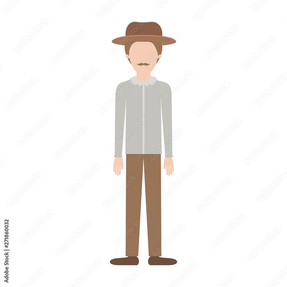 faceless man with hat and shirt and pants and shoes with short hair and moustache on colorful silhouette