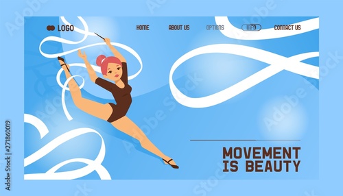Young girl gymnast exercise sport athlete vector illustration. Training performance strength gymnastics balance people landing page. Championship workout acrobat beautiful character.