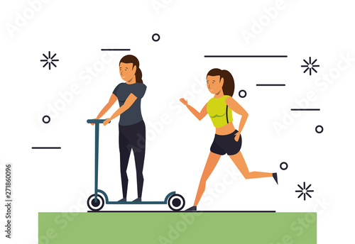 Fitness people traning cartoon scenery