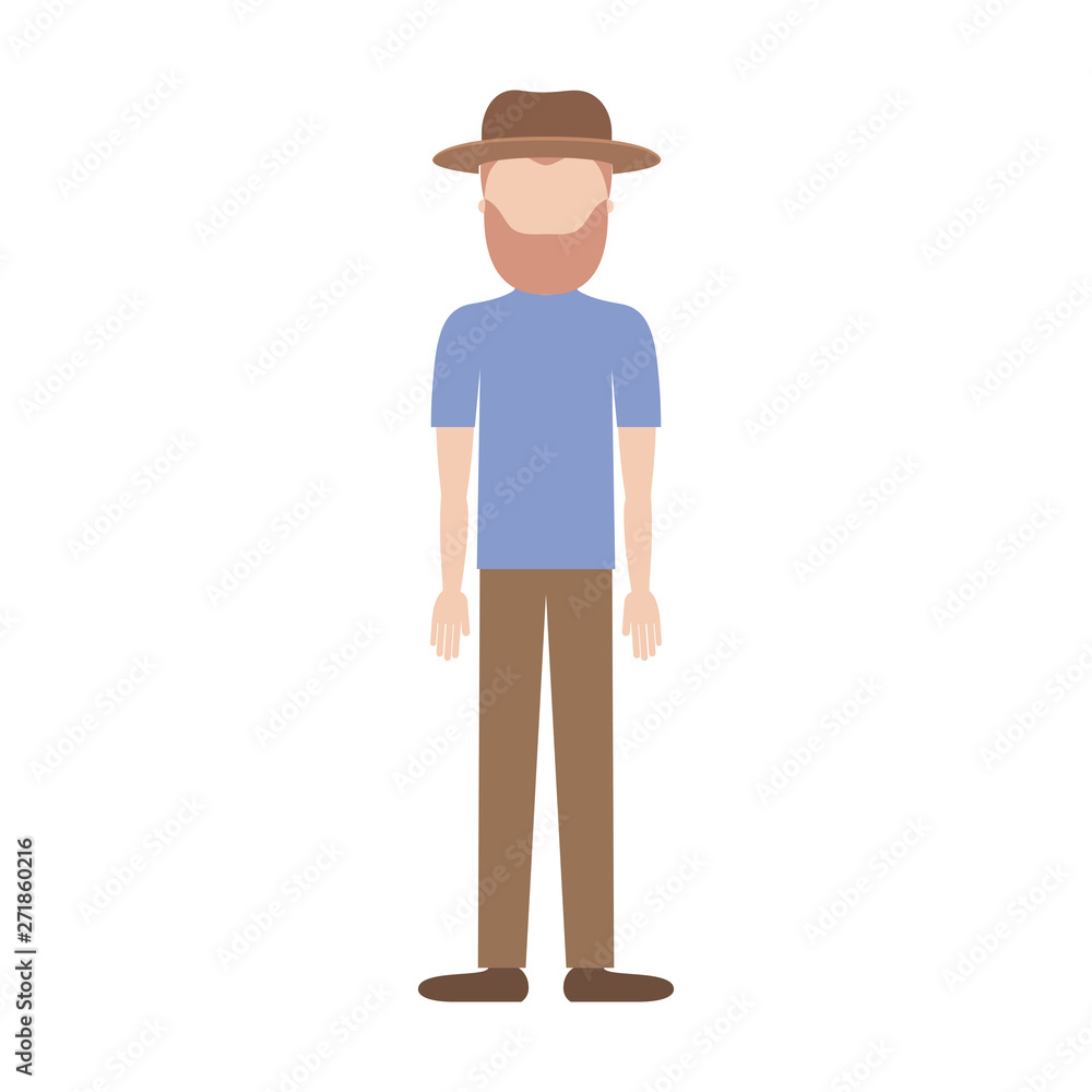 faceless man with hat and t-shirt and pants and shoes with full beard in colorful silhouette