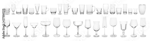 Set of different empty glasses on white background. Banner design