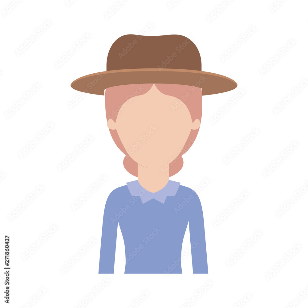 faceless woman half body with hat and blouse long sleeve with collected hair in colorful silhouette