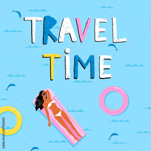Travel time. Summer background. A girl in a bikini is floating in the sea on an inflatable mattress. Template for card, banner. 