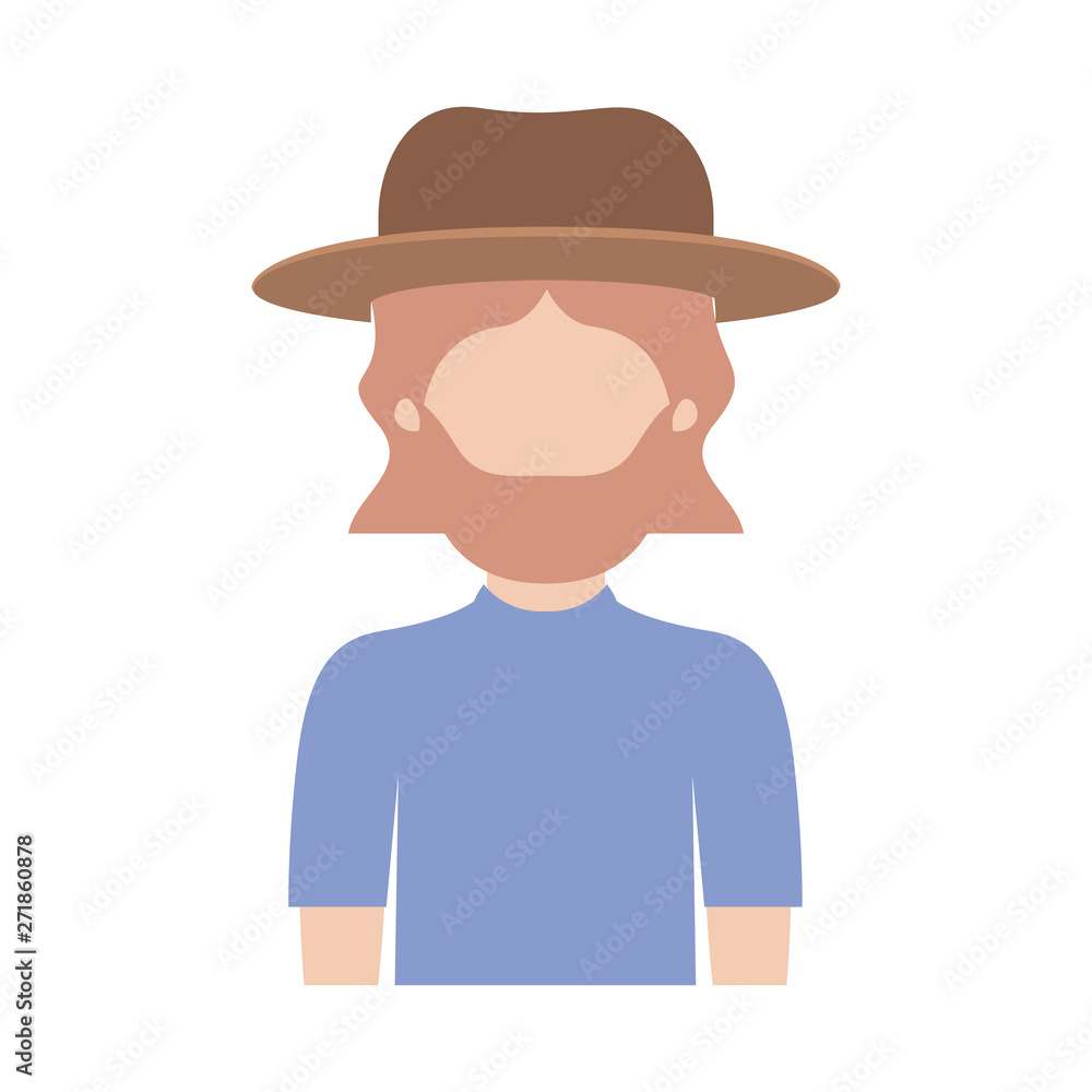 faceless man half body with hat and t-shirt with mid length hair and beard on colorful silhouette