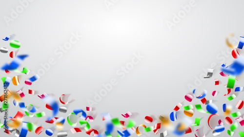 Abstract illustration of flying shiny colored confetti and pieces of serpentine on white background