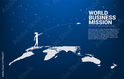 silhouette of businesswoman throw origami airplane on world globe. Concept of world business market vision mission start up