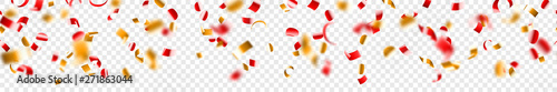 Abstract horizontal seamless banner of flying shiny red and golden confetti and pieces of serpentine, isolated on transparent background