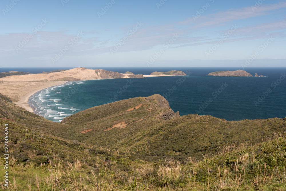 Cape Maria van Diemen from Cape Reinga, with Te Werahi Beach and Motuopao Island, Northland, New Zealand. Cape Maria van Diemen from Cape Reinga, with Te Werahi Beach and Motuopao Island, Northland, New Zealand.