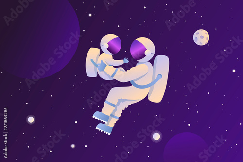Astronaut with a child in space. Space tourist. Vector background. EPS 10.