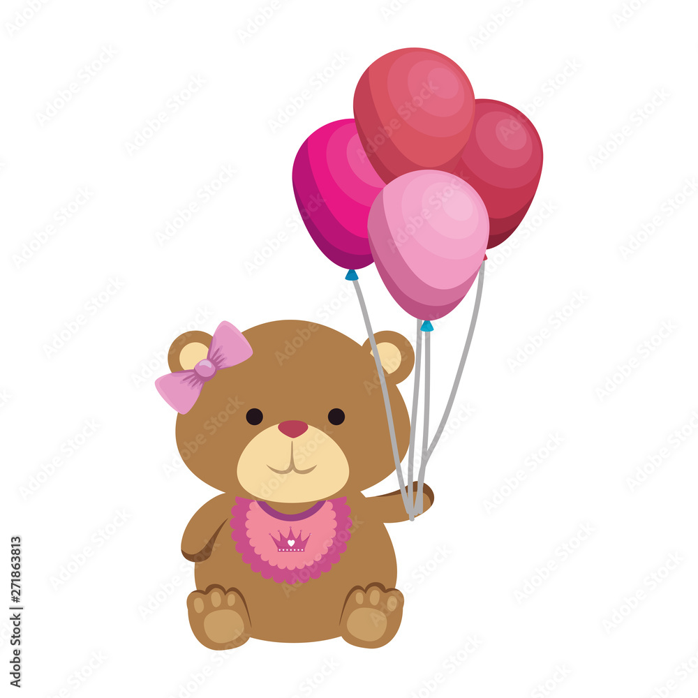 cute bear teddy female with bows and balloons helium