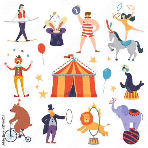 Set of circus artists and animals in a flat cartoon style. Elements of circus show. Fun fair tent. Vector illustration.