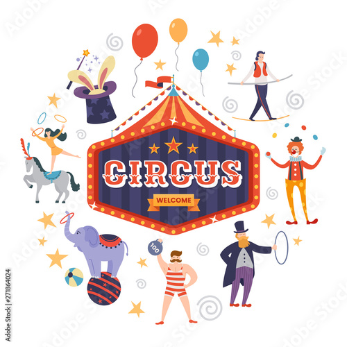 Colorful circus sign with text, tent and ribbon in retro style. Funny circus artists and animals. Vector illustration.