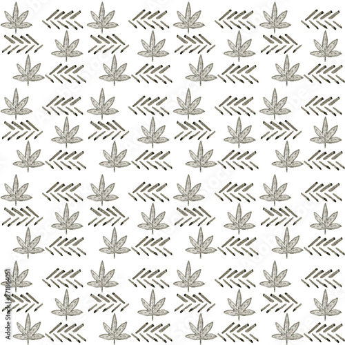 Watercolor pattern with hemp. Botanical hand drawn ink illustration with cannabis leaves isolated on white background. Mj leaves