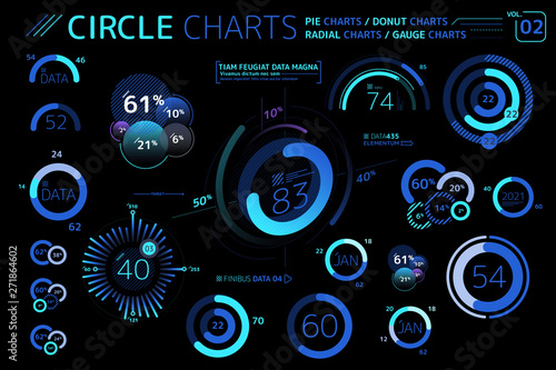 Circle Charts, Pie Charts, Donut Charts, Radial charts and Gauge Charts Infographic Elements