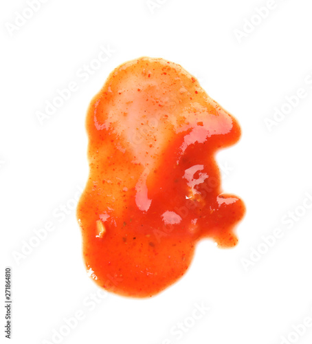 Fotografie Tasty tomato sauce isolated on white, top view