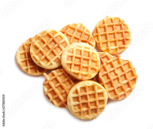 Delicious waffles for breakfast on white background, top view