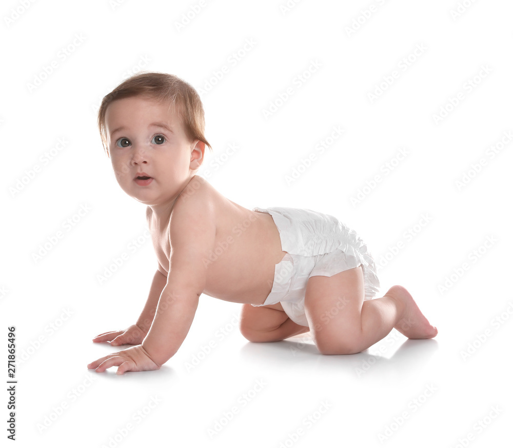 Cute little baby crawling on white background Cute little baby crawling on white background
