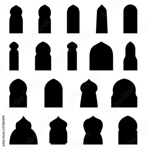 Set of arabic arch window and doors. Traditional design and culture. Vector flat style cartoon illustration isolated on white background.