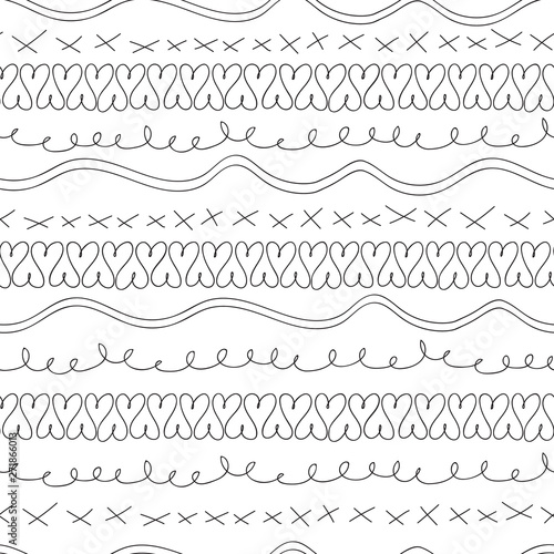 Vector hand drawn doodle art black and white squiggles, x's and hearts seamless pattern background. Perfect as graphic design elements, wallpaper, scrapbooking, invitations, or fabric application.