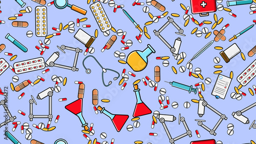 Seamless pattern texture of medicine items icons pricks pills pipettes stethoscopes tools doctor flasks capsules cans syringes on a blue background flat lay top view. Vector illustration