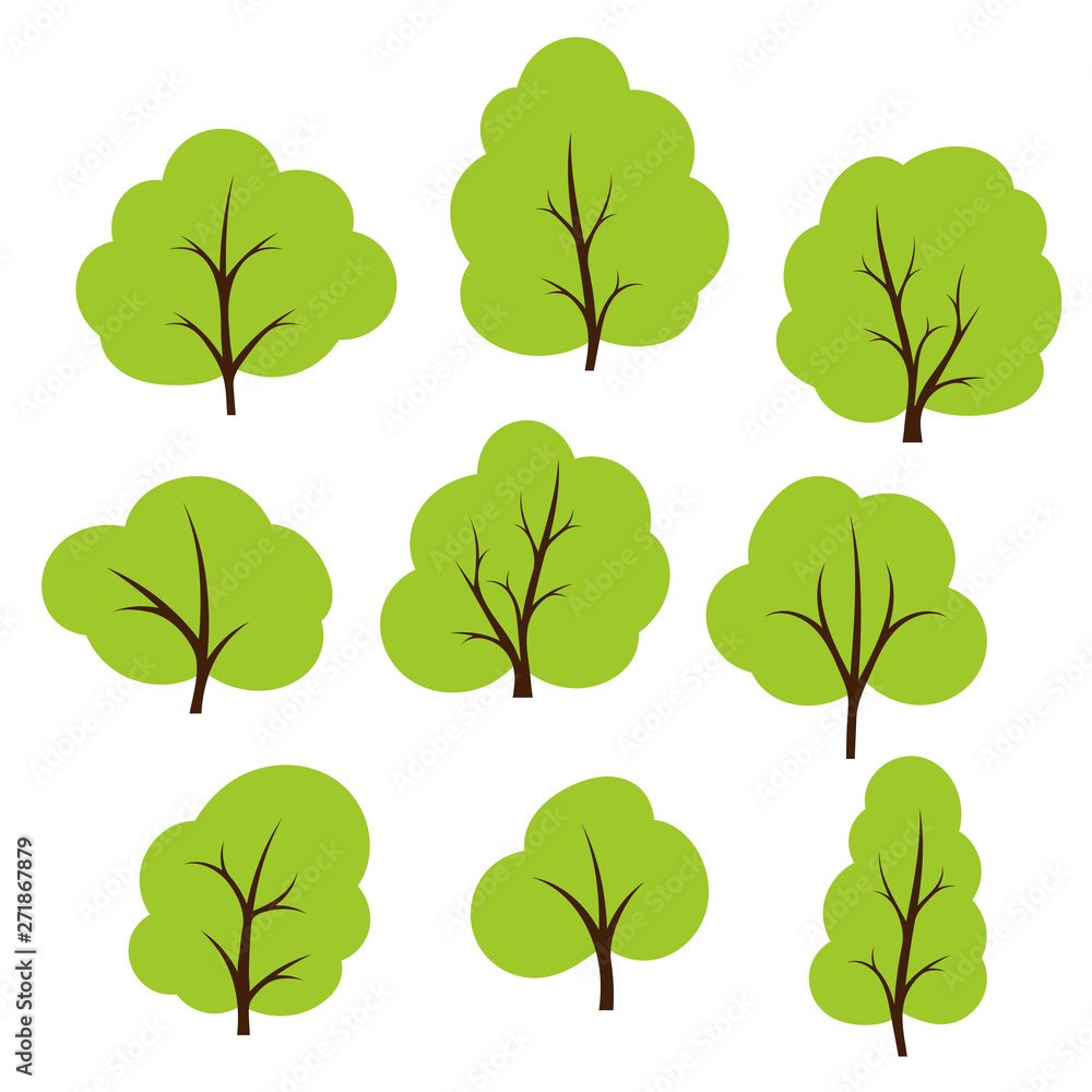 Set of trees. Simple icons of green plants. Tree types vector illustration.
