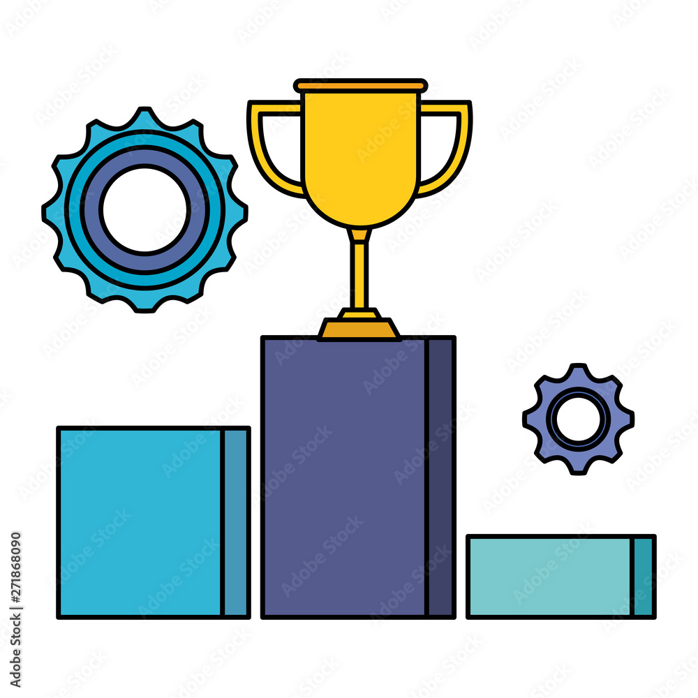 trophy cup award with podium and gears trophy cup award with podium and gears