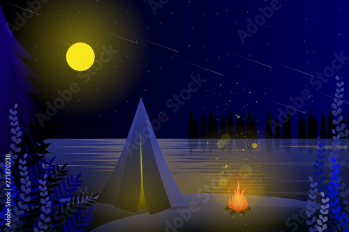 Camp fire in night forest