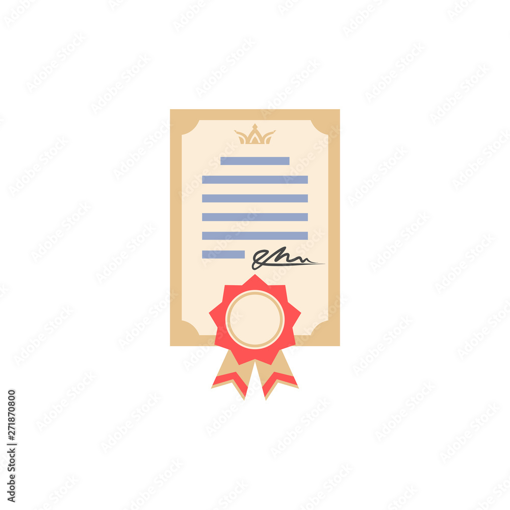 icon of diploma of education, gift certificate, document with ribbon and signature, sign, logo, isolated vector illustration