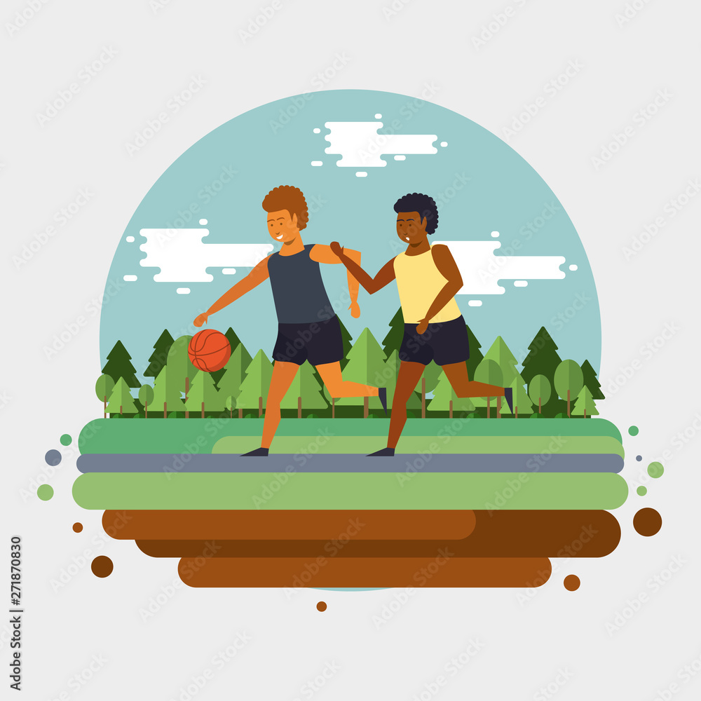People training basketball at park cartoon People training basketball at park cartoon