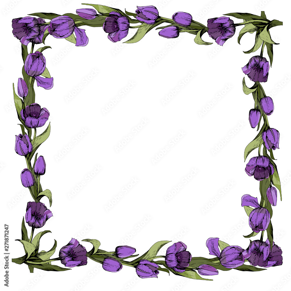 Frame with colored purple tulips. Spring mood. Design of printed materials. Vector illustration