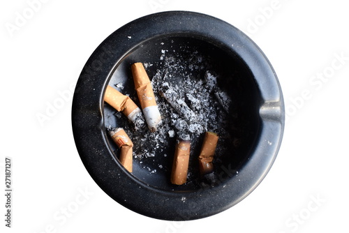 cigarette in an black ashtray on white background