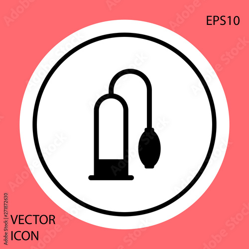 Black Penis pump icon isolated on red background. Penis enlarger. Sex toy for men. Vacuum pump with a blower to increase the penis. White circle button. Vector Illustration