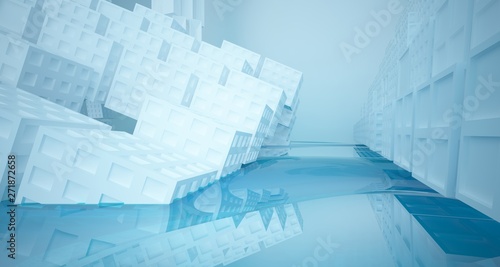 Abstract white and blue water parametric interior with window. 3D illustration and rendering.