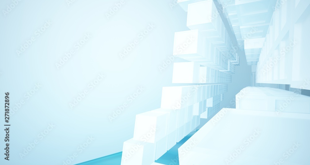 Fototapeta premium Abstract white and blue water parametric interior with window. 3D illustration and rendering.