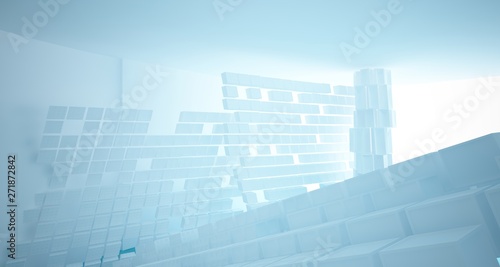 Abstract white and blue water parametric interior with window. 3D illustration and rendering.