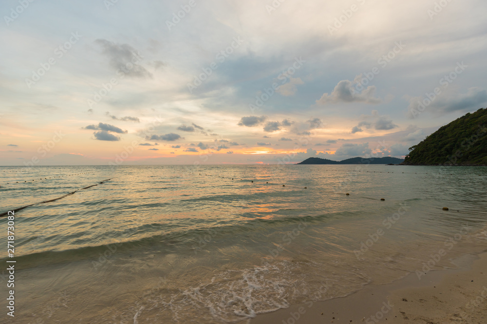 Beautiful sunset with landscape view from ao phrao, samet island in Thailand.