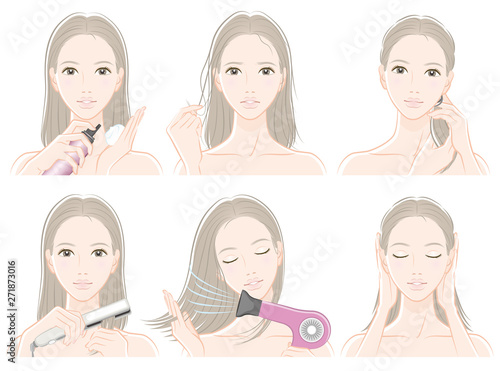 ヘアケアをしている女性のイラスト