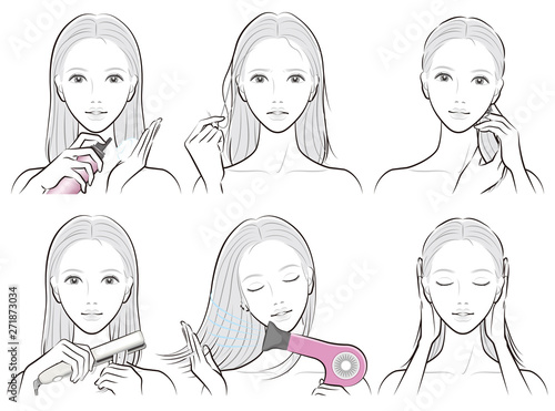 ヘアケアをしている女性のイラスト