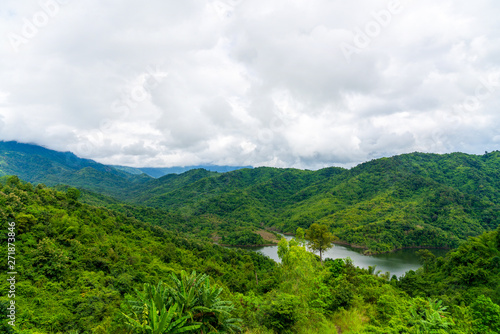 Blue sky high peak mountains fog hills mist scenery national park views at Phu Tub Berk, Khao Koh, Phetchabun Province, Thailand