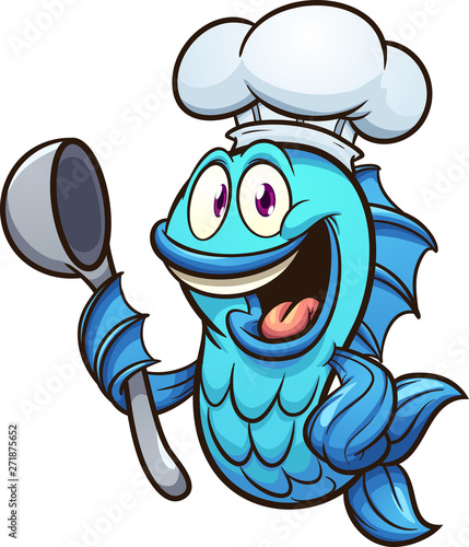 Cartoon chef fish with soup spoon clip art. Vector illustration with simple gradients. All in a single layer. 