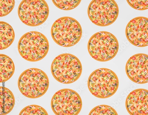 Italian food style, Pizza topping with mixed vegetables on gray background, Hand drawn of collection food concept, seamless pattern as a background