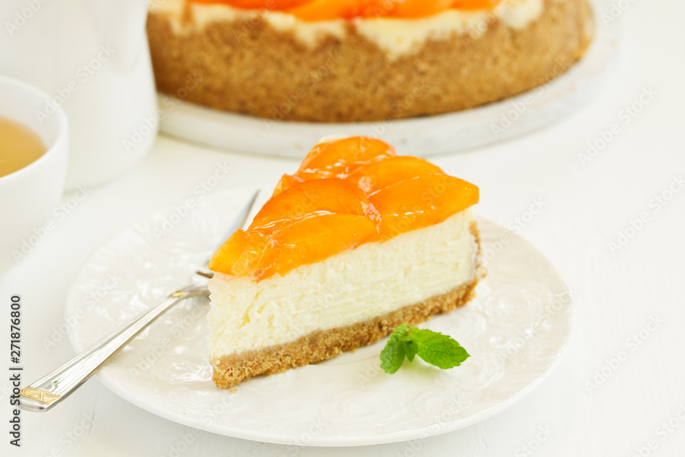 Cheesecake with peaches .. Selective focus.