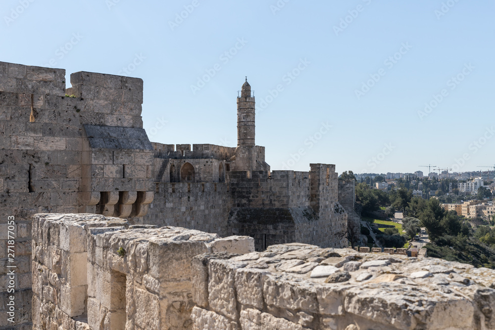 Fragment of the city walls and Tower of David near the Jaffa Gate in old city of Jerusalem, Israel