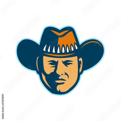 Mascot icon illustration of head of an Aussie or Australian stockman, cowboy, jackaroo or buckaroo wearing hat viewed from front on isolated background in retro style.