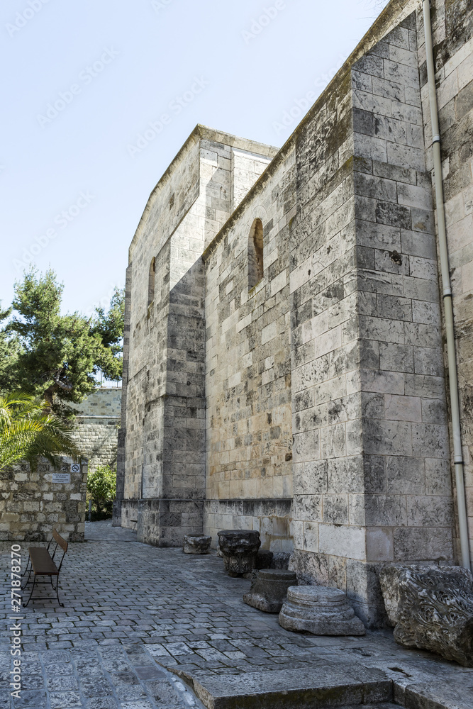 The outer wall of the Church of Saint Anne in the courtyard of Pools of Bethesda in the old city of Jerusalem, Israel