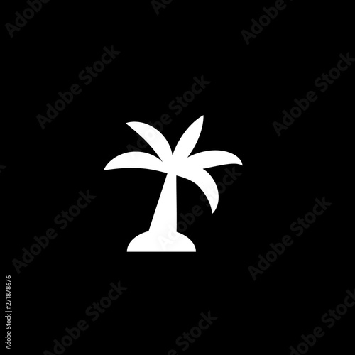 Black vector single palm tree white silhouette icon on black background isolated