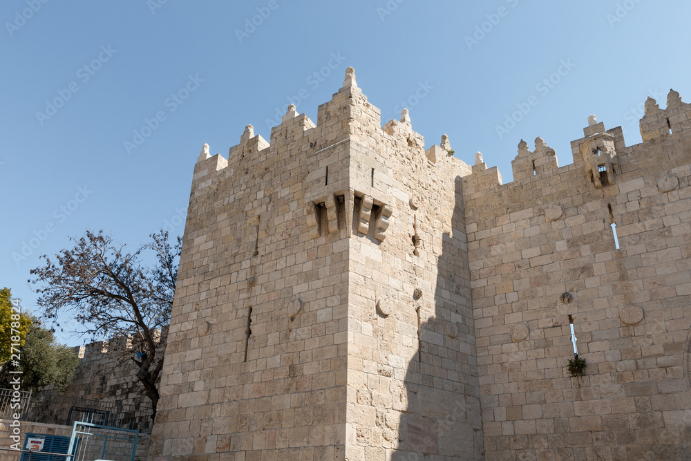 Fragment of the city wall near to Damascus Gate in the old city of Jerusalem, Israel