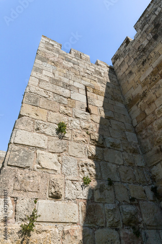 Fragment of the city wall near to Damascus Gate in the old city of Jerusalem  Israel