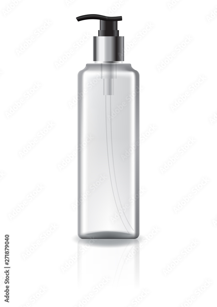 Clear square cosmetic bottle with pump head and silver ring for beauty or healthy product. Isolated on white background with reflection shadow. Ready to use for package design. Vector illustration. Clear square cosmetic bottle with pump head and silver ring for beauty or healthy product. Isolated on white background with reflection shadow. Ready to use for package design. Vector illustration.